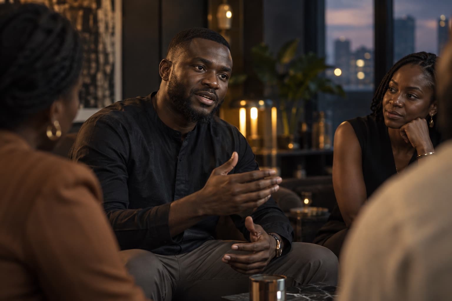A man leans forward mid-sentence with his hands open, explaining something to the group, while a woman across from him listens with her chin resting on her hand.