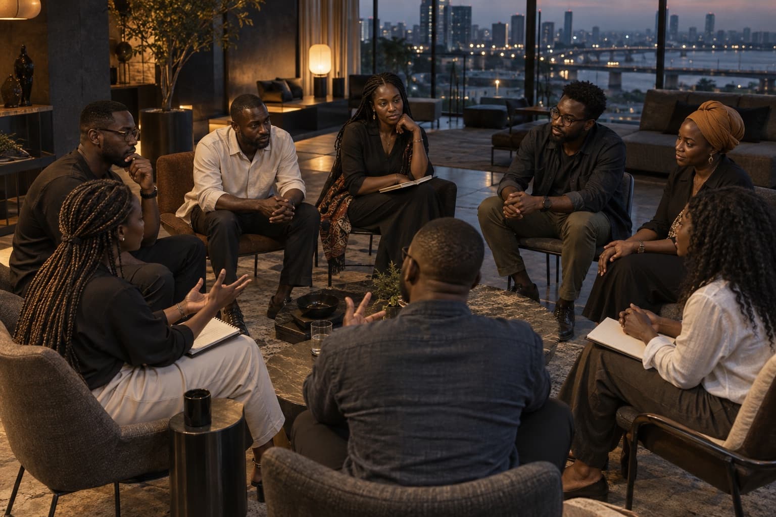 Eight people sit in a circle of armchairs around a low stone table, several holding notebooks, one woman speaking with her hands raised, city lights visible through the windows behind them.