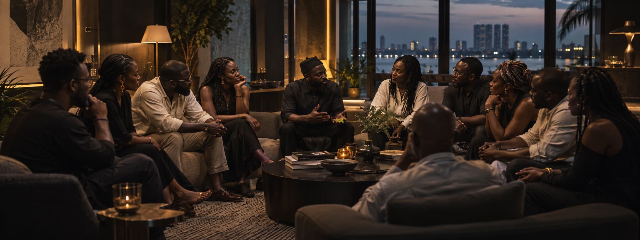 About ten people seated in a circle of low sofas in a warm, dimly lit lounge, mid-conversation, with a city skyline glowing across the water through floor-to-ceiling windows at dusk.